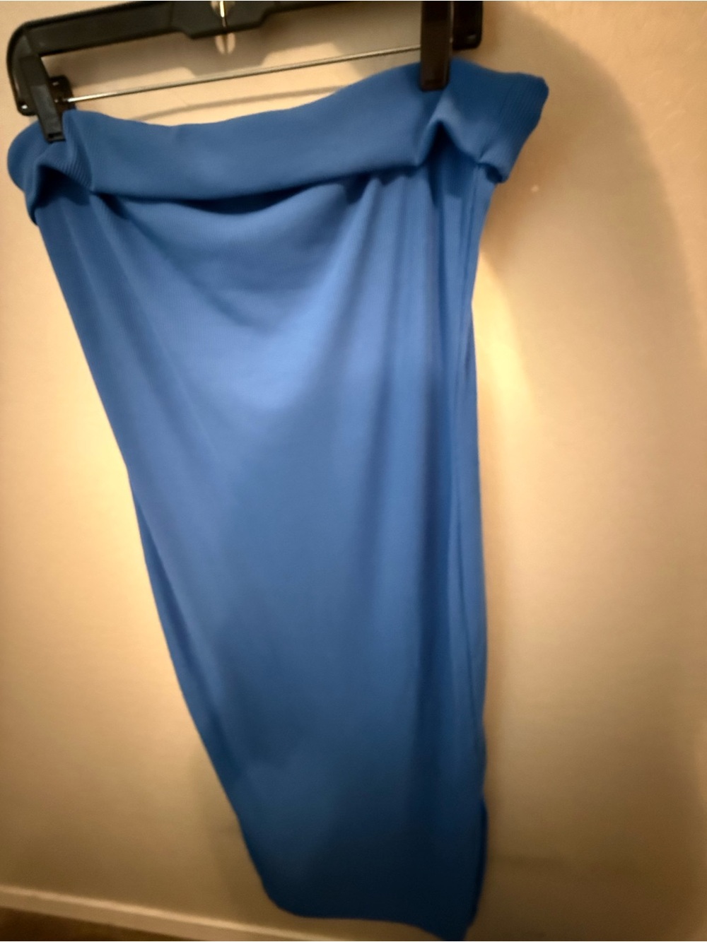 Strapless Blue Midi Dress with Fold-Over Neckline